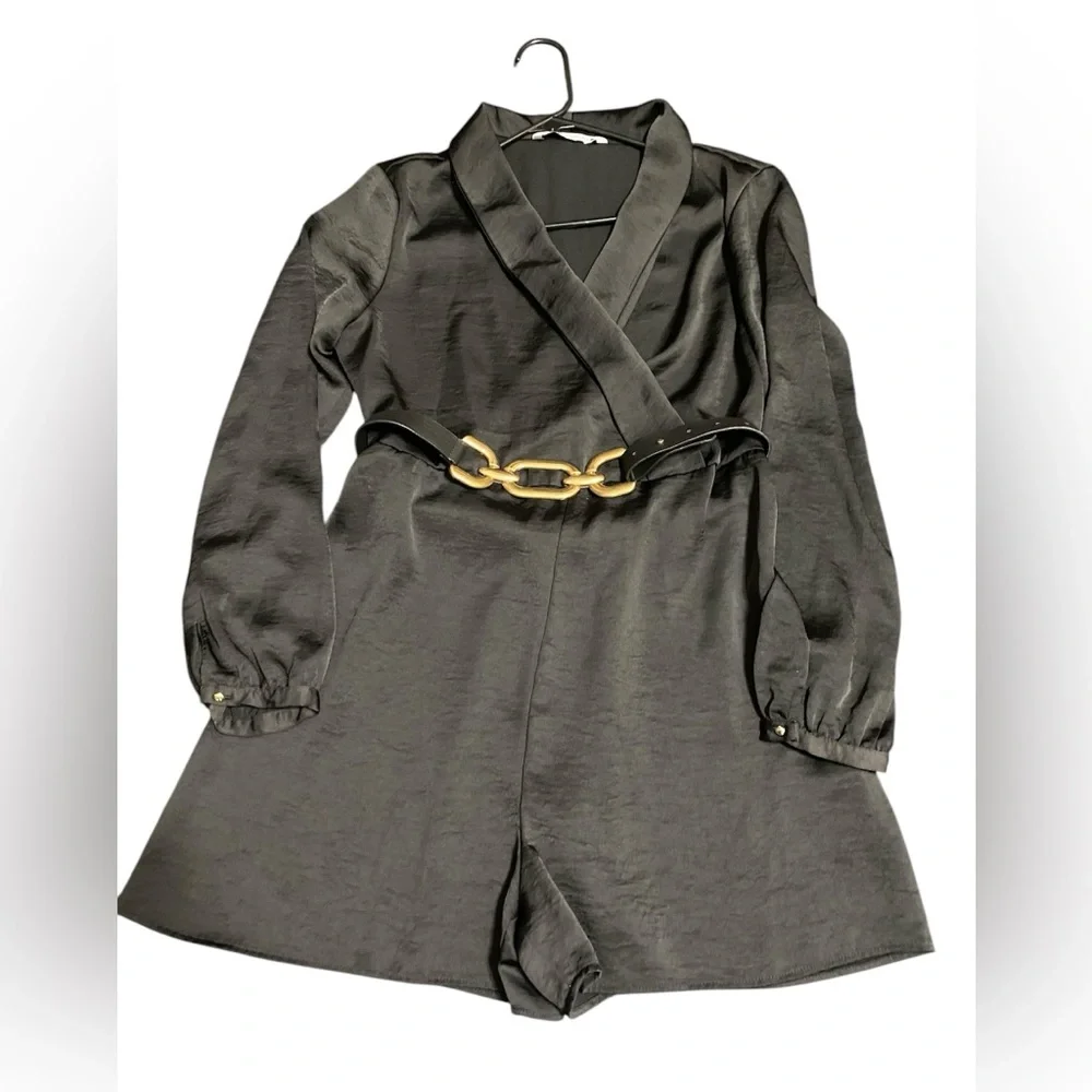 Zara Satin Chic Black Long Sleeve Romper with Gold Chain Belt - Picture 3 of 3